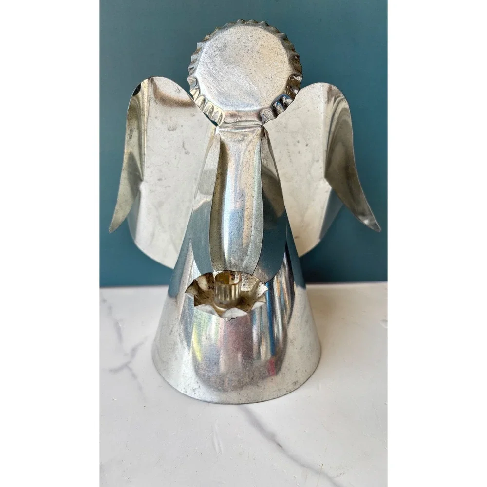 Vintage Folk Art Metal Angel Candle Holder Christmas Tree Topper Silver Tone